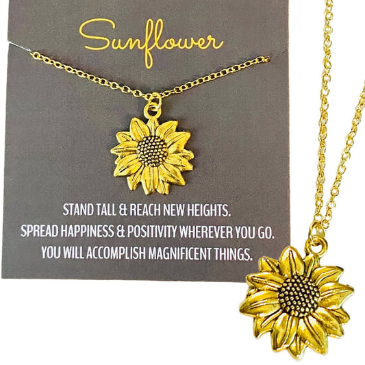 Gold Sunflower Pendant Charm Necklace on Sunflower Card